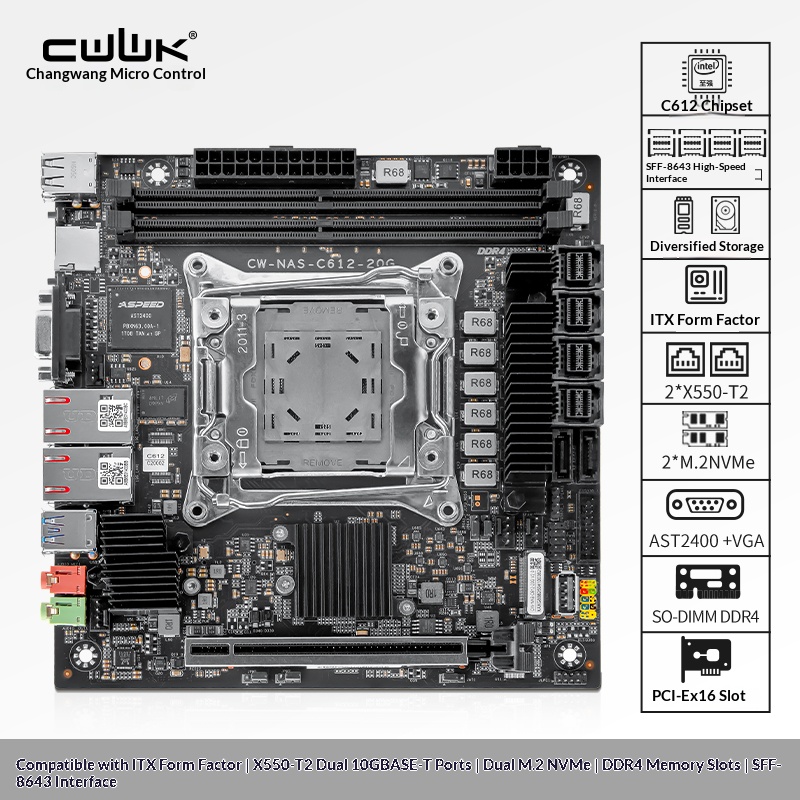 Nas Motherboard 8 Sata Mini Itx - C612 LGA 2011-3 Xeon X99 moederbord